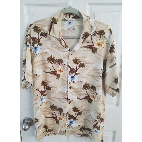 VLVWATV Men Size M Hawaiian Shirt Beige Palm Trees Floral with Ukulele - Picture 1 of 9